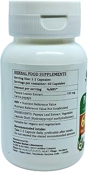 Papaya Leaf Forte Capsules 500 mg. 60 Veg. Capsule | Papaya Leaf (Carica papaya) Extract Capsules for Men and women | Ayurvedic Herbal Supplement/Remedies | 10:1 Forte (2 Bottles of 60 Capsules)