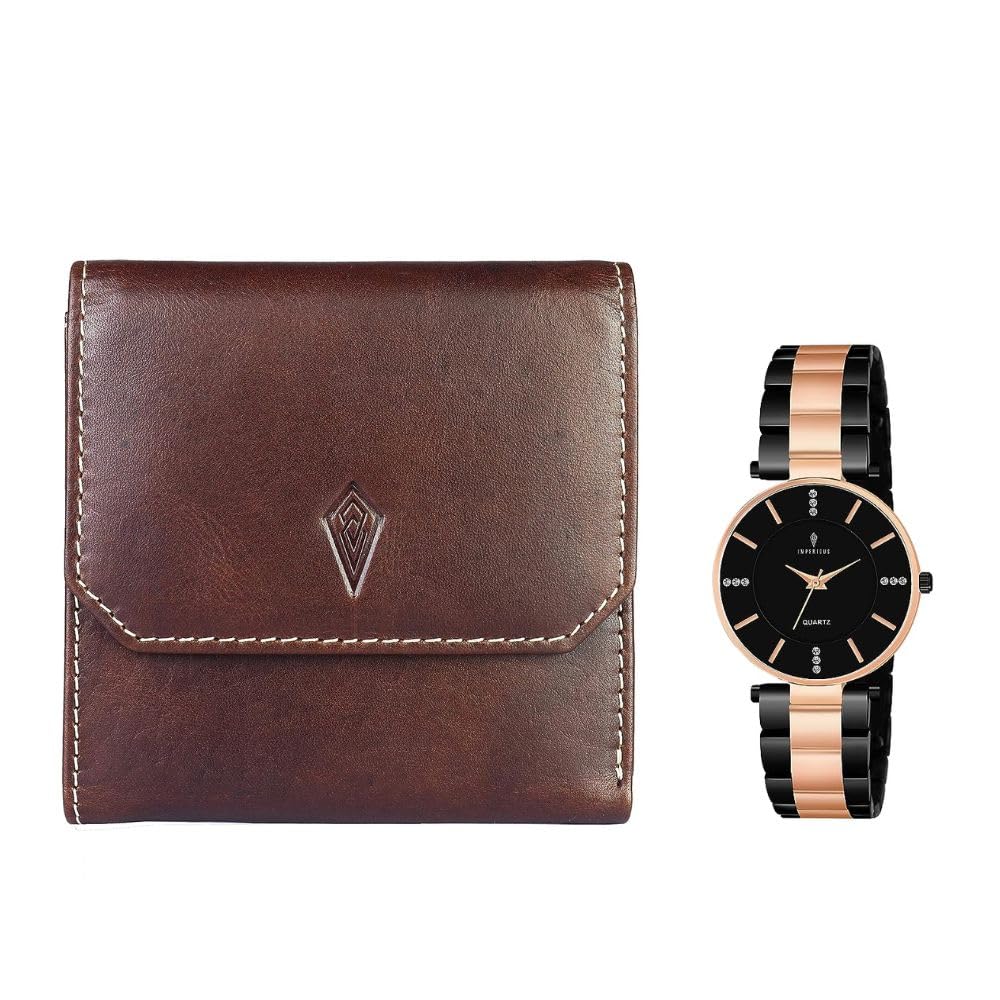 IMPERIOUS Womens Analogue Watch with Brown Leather Wallet Combo for Couples Gift. Anniversary/Wedding Present for Couples| Festive Watch & Wallet for Gifting (Black & Gold Stripe) (B0CJJ7C36T) Amazon Price History, Amazon Price Tracker