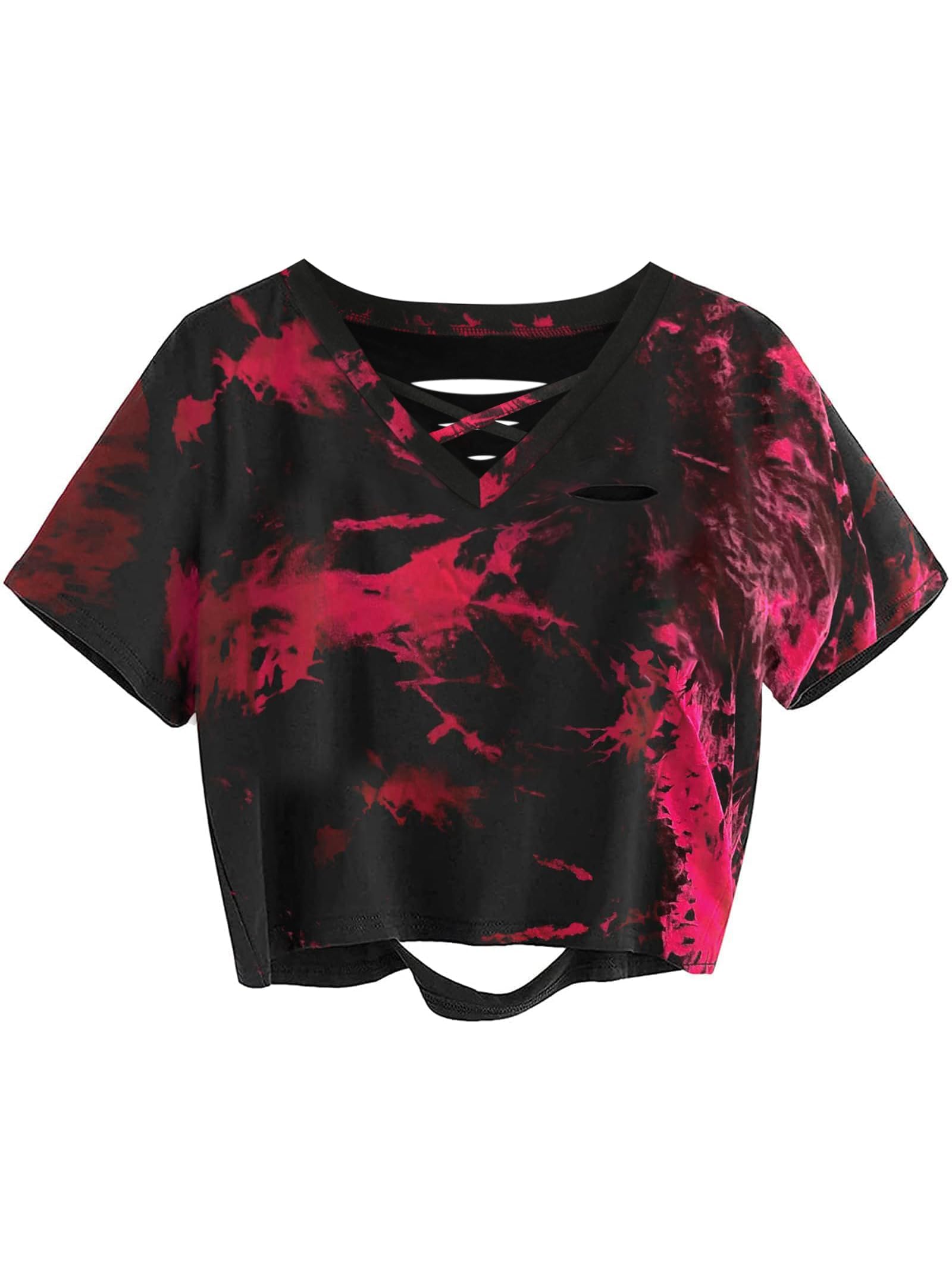 LilyCoco Tie Dye Crop Tops for Women Distressed Summer V Neck Short Sleeve T Shirts