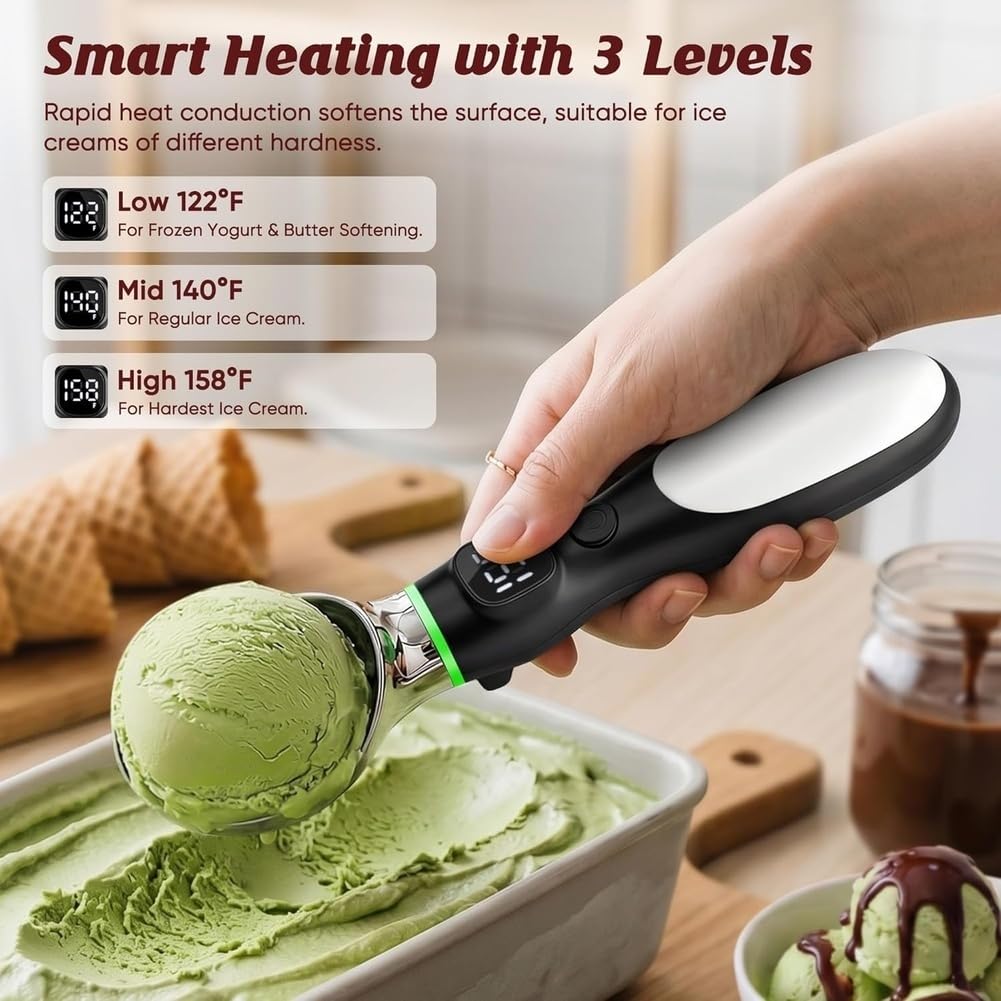 Cuillère à Glace Chauffante, Cuillère à Glace Électrique Rechargeable avec Affichage LED, 3 Niveaux de Chaleur 122°F/140°F/158°F