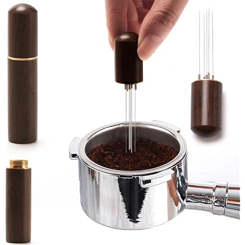 Needle Coffee Tamper Distributor WDT Tool Espresso Stirrer Stirring Tool 304 Stainless Steel No Sharp 5 Needles 0.4mm Coffee Grounds Tamper Distributor Distribution (Walnut)