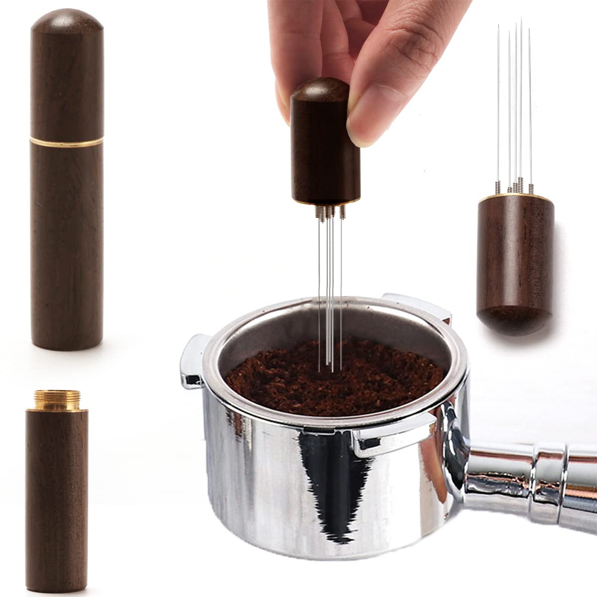 Needle Coffee Tamper Distributor WDT Tool Espresso Stirrer Stirring Tool 304 Stainless Steel No Sharp 5 Needles 0.4mm Coffee Grounds Tamper Distributor Distribution (Walnut)