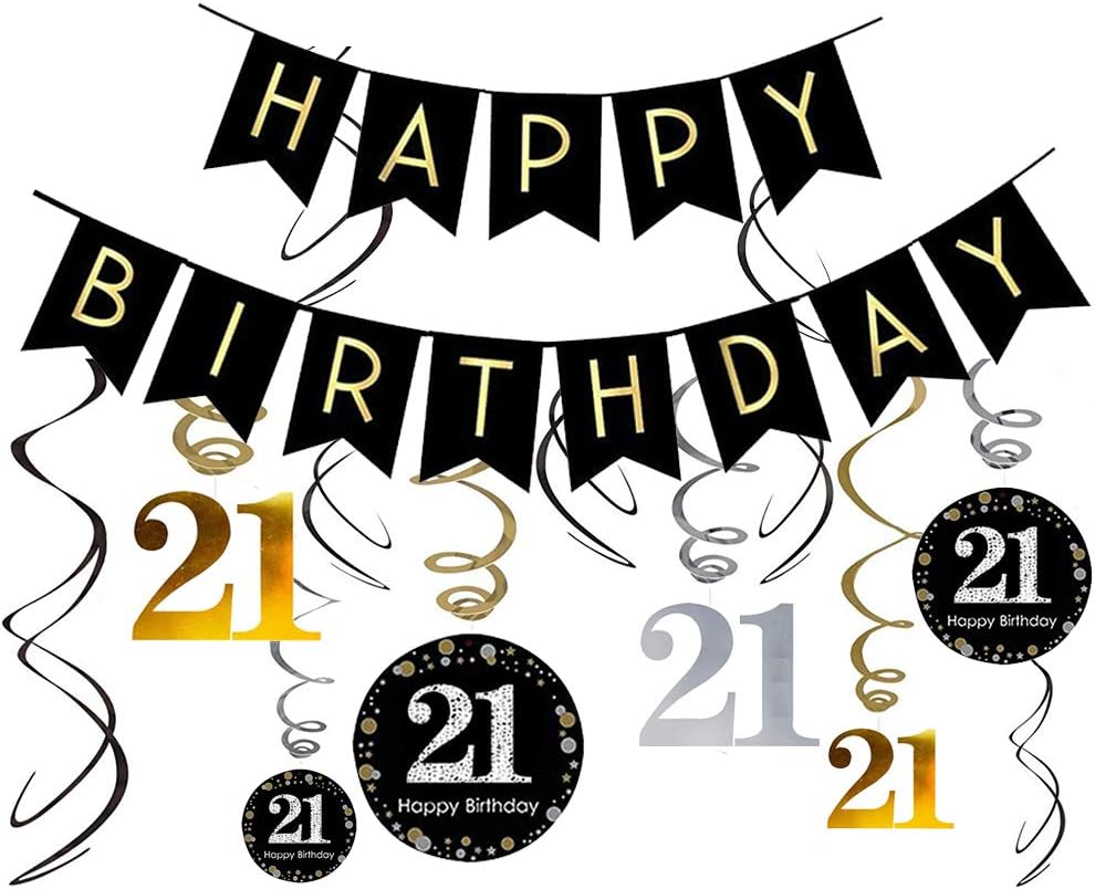 オンラインで21歳の誕生日の装飾キット ゴールドグリッターハッピーバースデーバナー スパークリングセレブレーション21ハンギングスワールズ 21歳の 誕生日の装飾をjapanで購入 B07zq4ys61