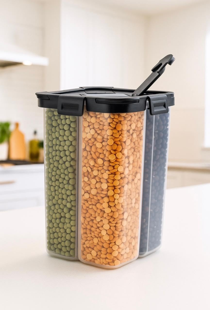 4 Section Kitchen Storage Container Box | Fridge Storage Containers | Airtight, Durable, BPA-FRee Plastic Container | Organize Graines, Pulses, Snacks & Food in One Jar | 2500ml, Black-image-15