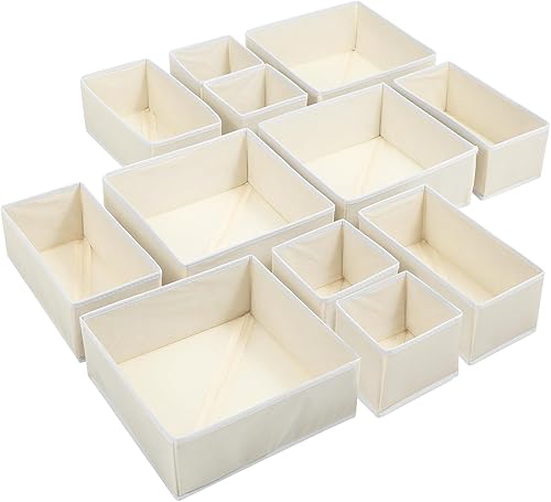 Juego de 12 organizadores de cajones de lino, contenedores plegables de tela para ropa de bebé, pañales, calcetines, sujetadores y más (beige, 3