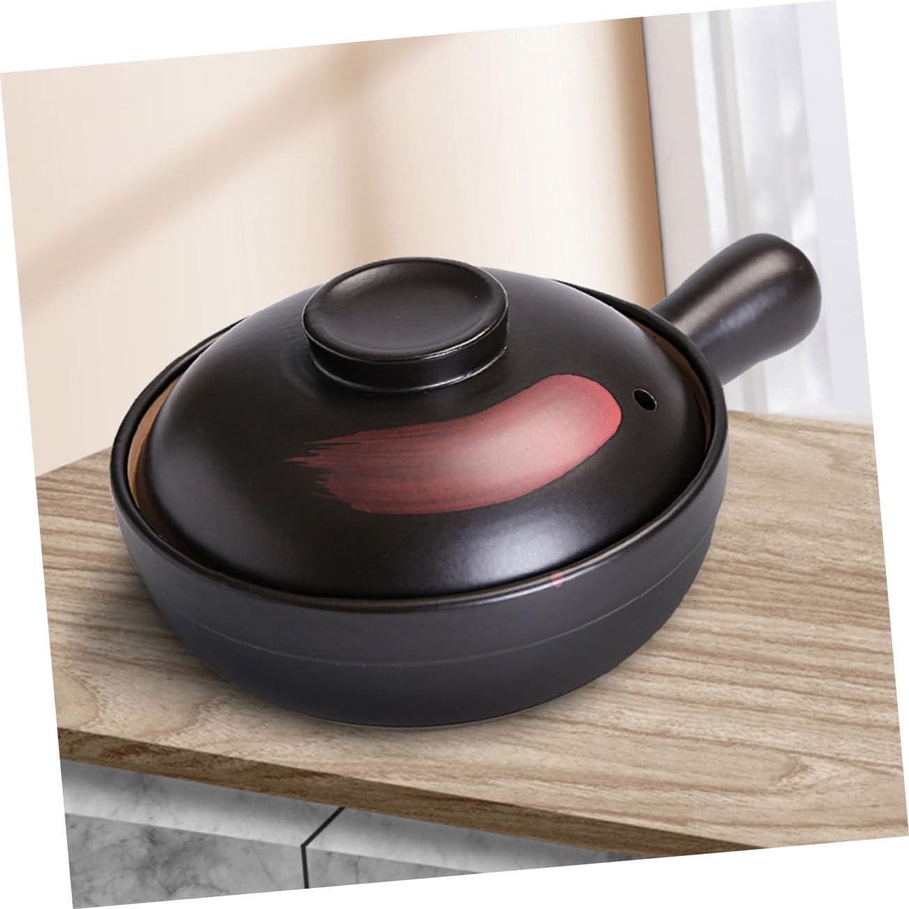 Kichvoe Large Black Clay Casserole Pot with Single Handle for Stew Soup Rice Cooking High Temperature Resistant Food Stew Pot with Flat Bottom for Even Heating for Family Meals and Garden