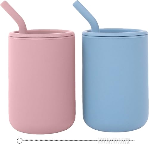 WeeSprout Vasos de silicona para bebés con pajitas y tapas, opciones de 4 y 8 onzas, juego de 2, recipientes de entrenamiento para niños pequeños,