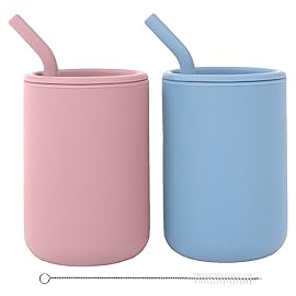 WeeSprout Silicone Baby Cups With Straws and Lids, 4 & 8 oz Options, Set of 2, Food Grade Toddler Training Container, Built In Straw Stoppers, Measurement Markings, Dishwasher Safe + Straw Cleaner