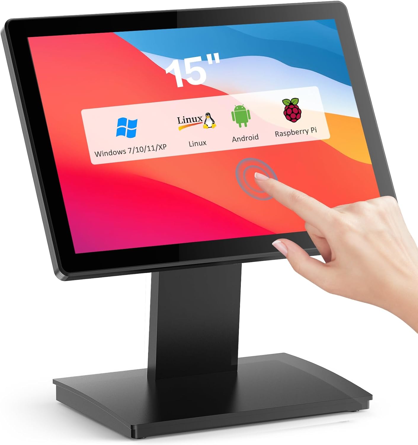 15-inch Touchscreen POS Monitor, HDMI/VGA Capacitive Screen Display with Heavy-Duty Metal Stand for Retail, Restaurant, Bar, Gym, Warehouse and POS Systems