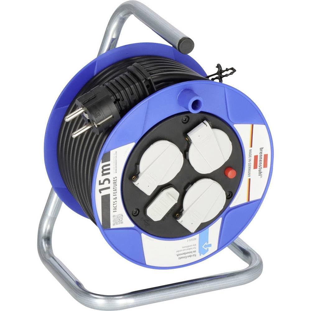 Brennenstuhl Garant enrollacables con alargador de 15m, carga USB, 3 tomas de corriente (plástico especial, uso en interiores, fabricado en alemania) azul