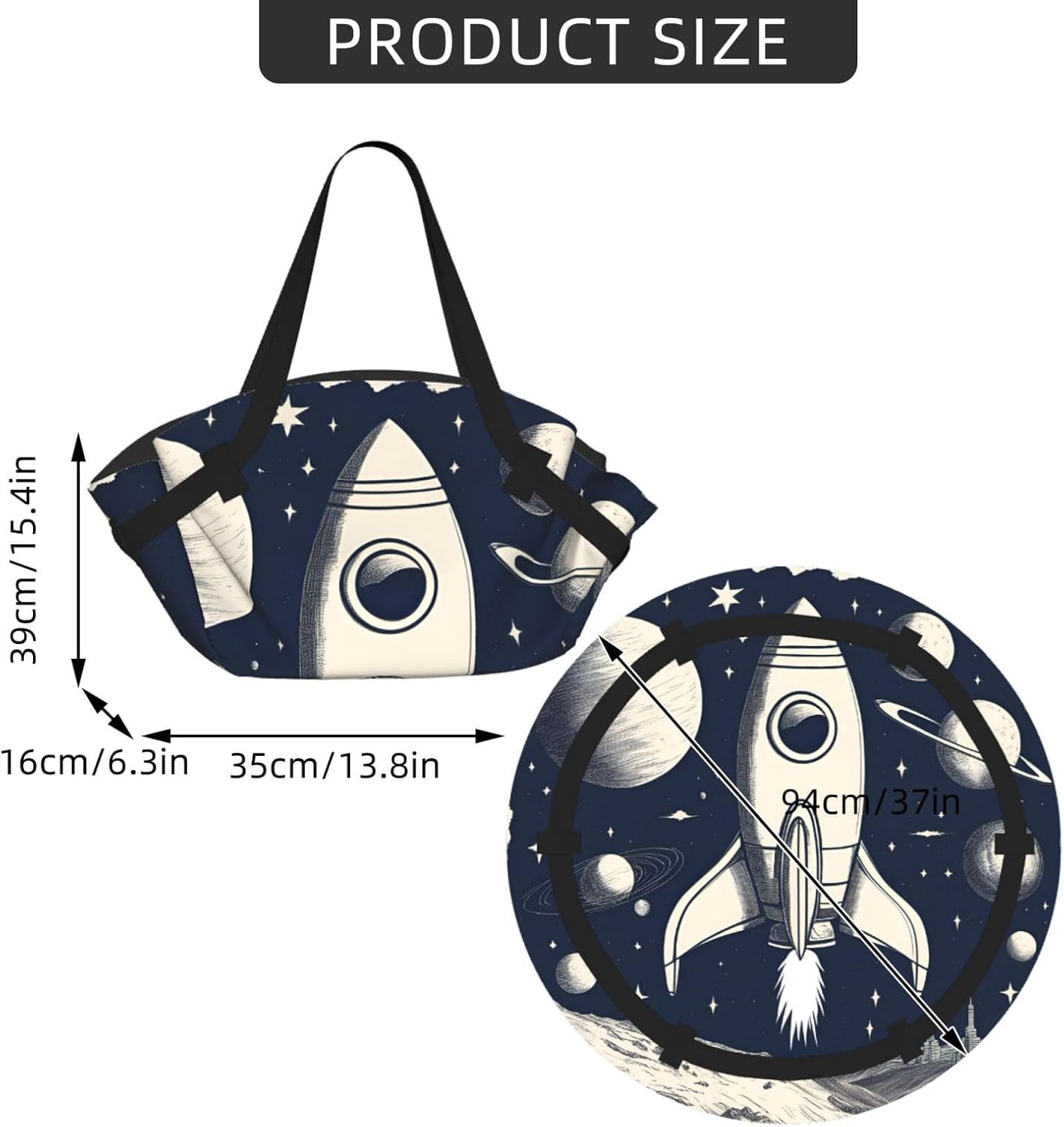 Foldable Rocket in Space Print 2-in-1 Portable Picnic Blanket Tote Bag Outdoor Camping Beach Park Mat