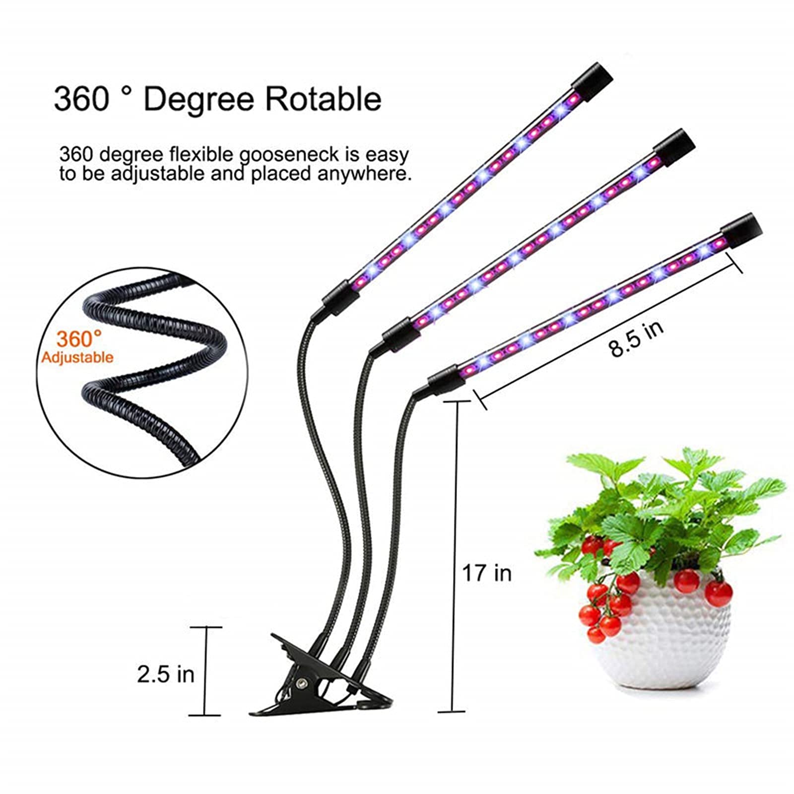 Lampes de culture d'intérieur, lumière de croissance pour plantes d'intérieur, lumière de plante à clip de bureau à 3 têtes à spectre complet 3 modes et réglage de la minuterie à intensité variable à