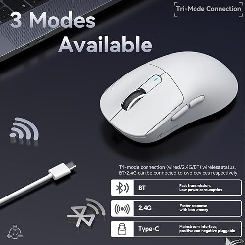 ATTACK SHARK X3 49g Mouse Ultraleggera, Sensore Gaming PixArt PAW3395, Mouse da Gaming Wireless/Cavo BT/2.4G, 26000 DPI, 200 Ore di Batteria, Mouse per Ufficio per Win11/Xbox/PS/Mac (Bianco) - 4