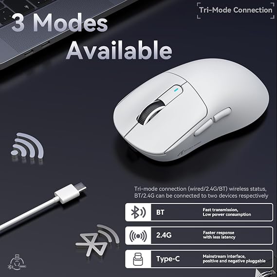 ATTACK SHARK X3 49g SUPERLIGHT Fare, PixArt PAW3395 Oyun Sensörü BT/2.4G Kablosuz/Kablolu Oyun Faresi, 26000'e Kadar 6 Ayarlanabilir DPI, 200 Saat Pil, G502, Win11/Xbox/PS/Mac için Ofis Faresi (Beyaz)