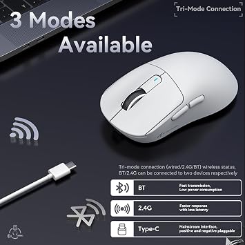ATTACK SHARK X3 49g SUPERLIGHT Fare, PixArt PAW3395 Oyun Sensörü BT/2.4G Kablosuz/Kablolu Oyun Faresi, 26000'e Kadar 6 Ayarlanabilir DPI, 200 Saat Pil, G502, Win11/Xbox/PS/Mac için Ofis Faresi (Beyaz)