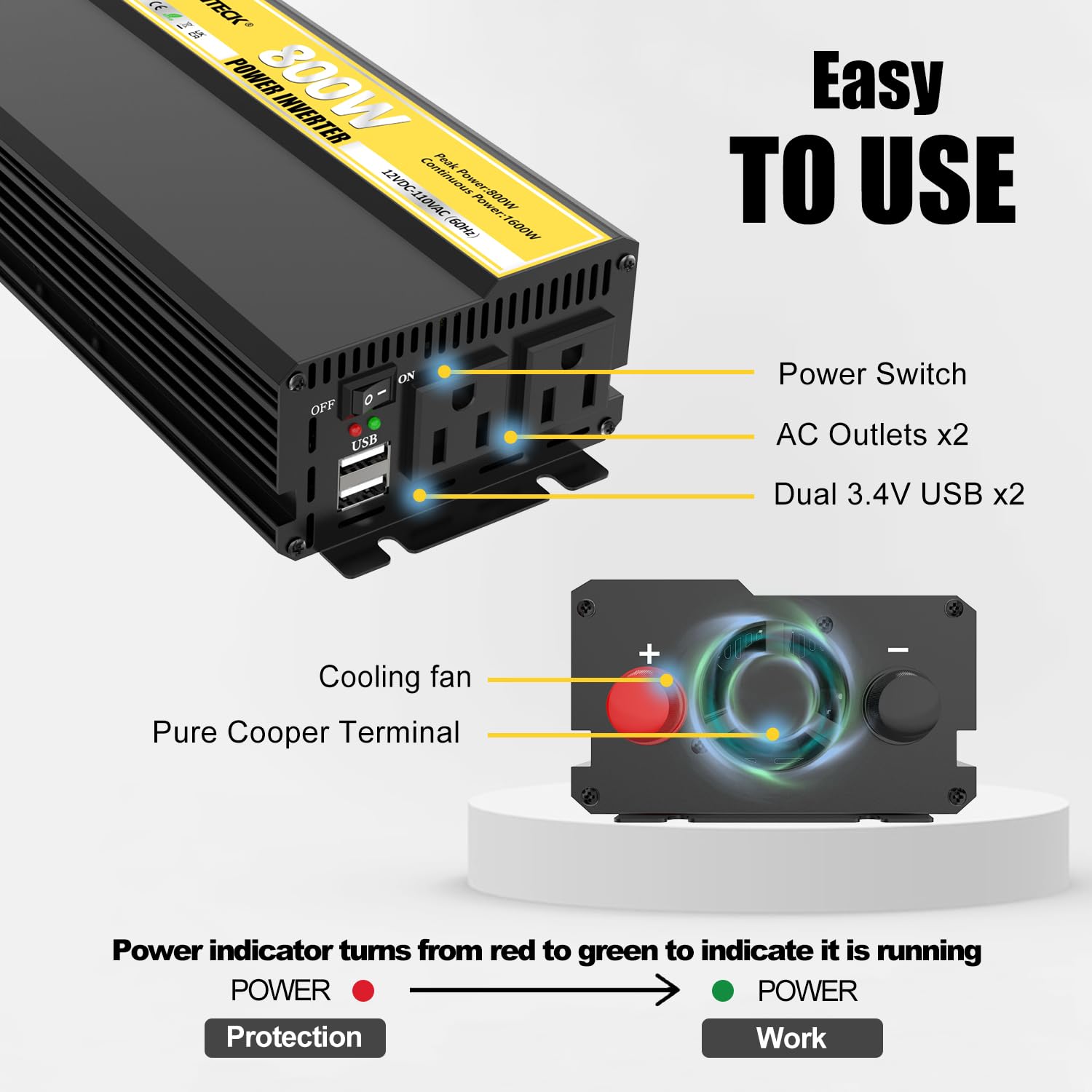 Power Inverter 800 Watt, 12V DC To 110V 120V AC