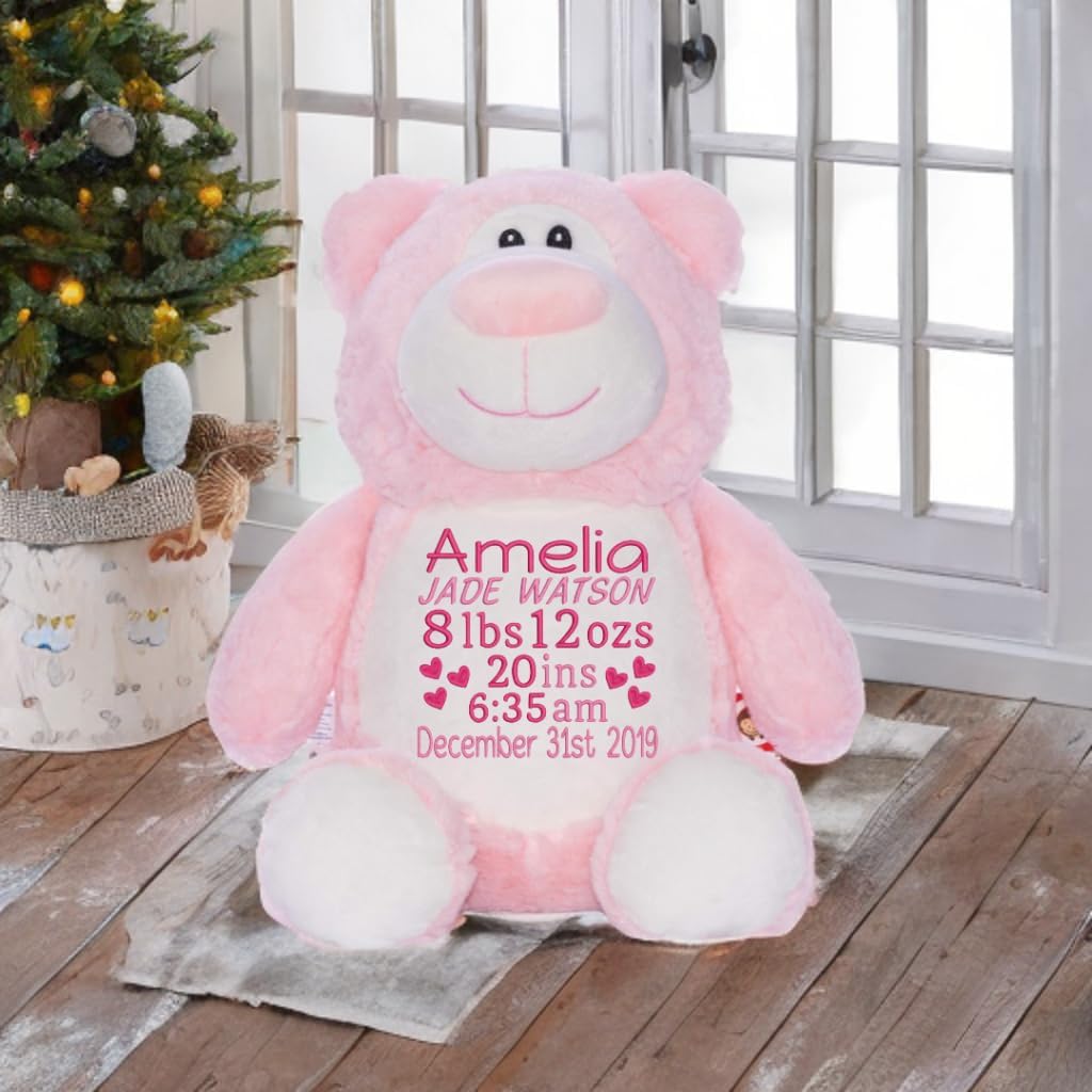 Personalized Pink Bear Plush, Embroidered Stuffed Animal, Custom Girl Keepsake, Newborn Gift, Baby Shower Present, Christmas Baby Gift, Personalized Birth Stats Bear, 14 inch Plush