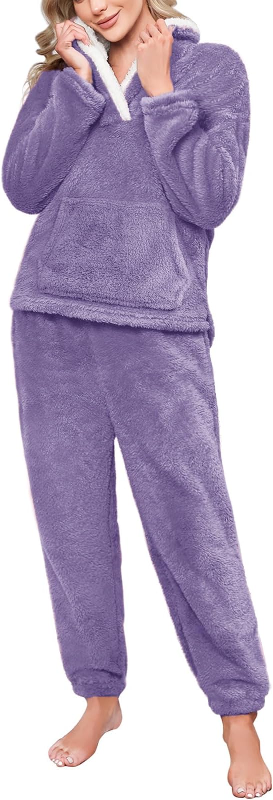 Women's Fluffy Pajamas Set Winter Warm 2 Piece Plush Pullover Pants Fuzzy Fleece Sleepwear Loungewear Pjs with Pockets