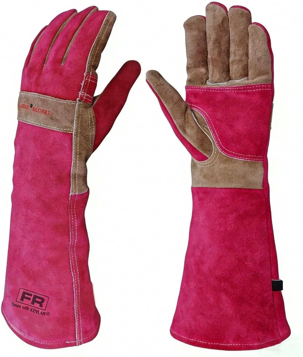 Cowhide BBQ Welding Gloves, Long Sleeve Fireproof and Heat Resistant Mitts for Barbecue, Firefighting, Fireplace, Oven, Baking, Stove (Rose Red, M)