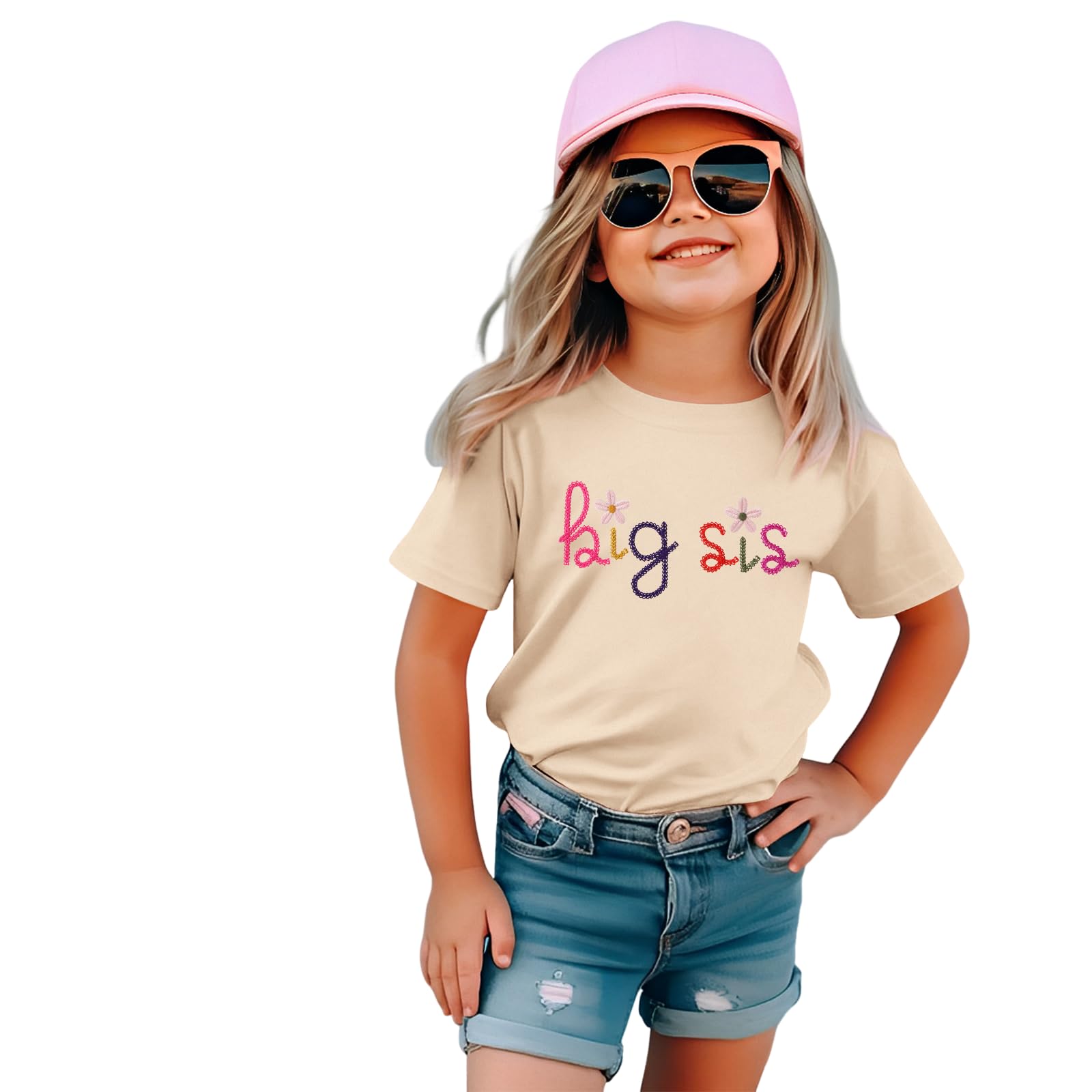 Big Sister T-shirt pour bébé avec inscription « Big Sis » pour bébé avec broderie Big Sis pour tout-petit - Propulsé à grande sœur - T-shirt d'été à manches courtes - Joli t-shirt en coton brodé