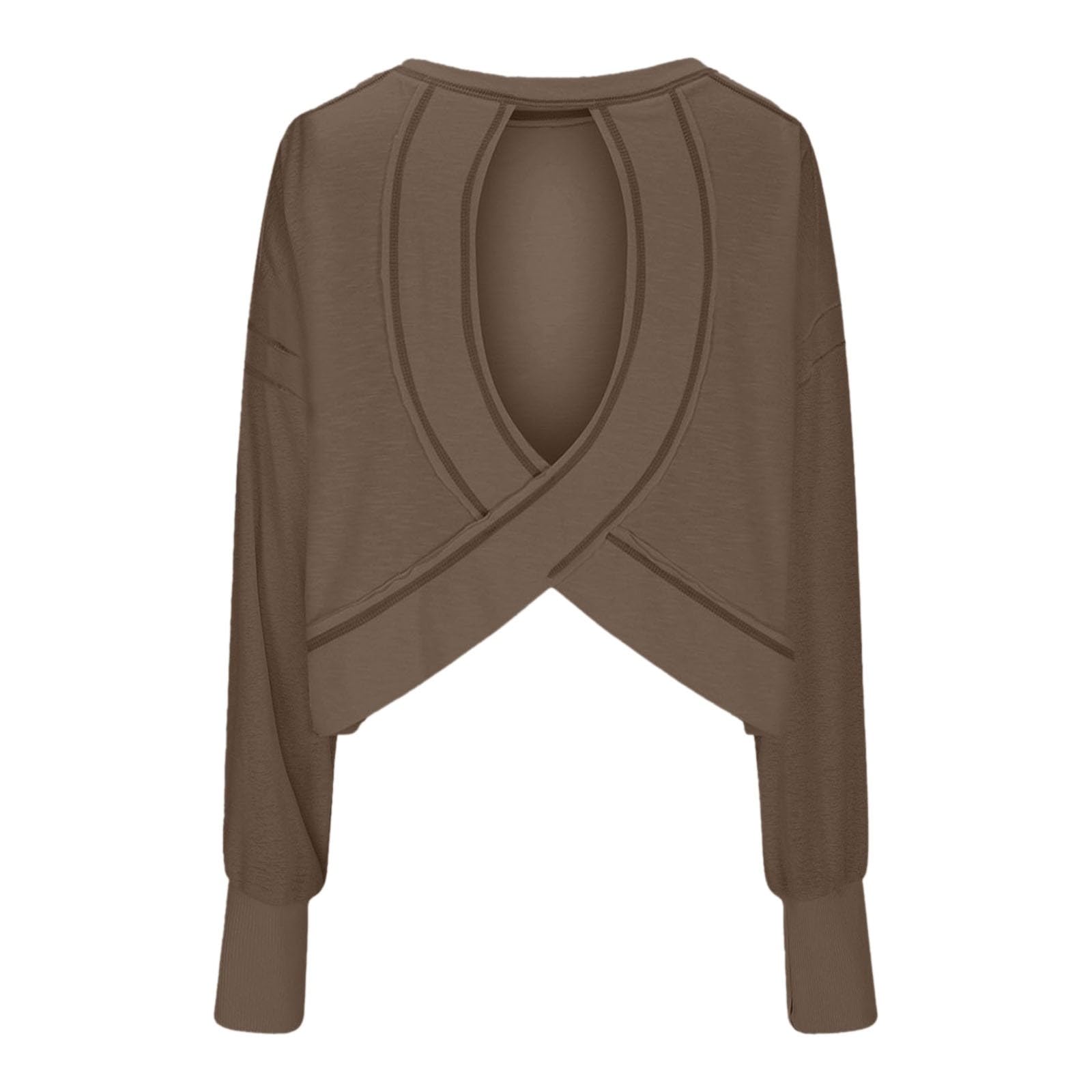 Workout-Tops mit offenem Rücken für Frauen, Baggy, langärmelig, sportliches T-Shirt, rückenfrei, Rundhalsausschnitt, Fitnessstudio, Laufen, Yoga, bauchfreie Tops Shirt Damen Sexy Elegant (Coffee, L)