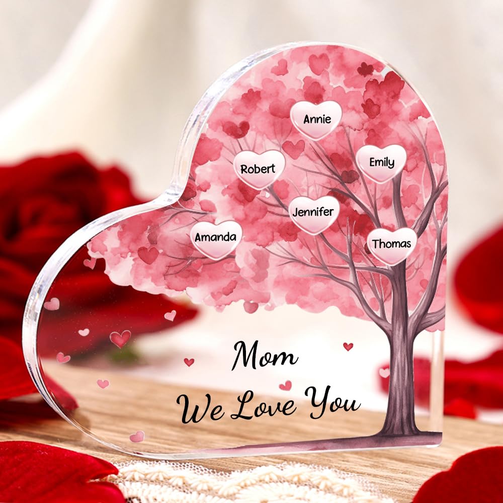 Mothers Day Gifts for Mom Custom Family Tree Acrylic Plaque Personalized 2-10 Family Names Tag Home Family Decorative Signs Birthday Gift for Mom Grandma 3.9" and 5.9" (6 Names, Pink(3.9"/5.9"))