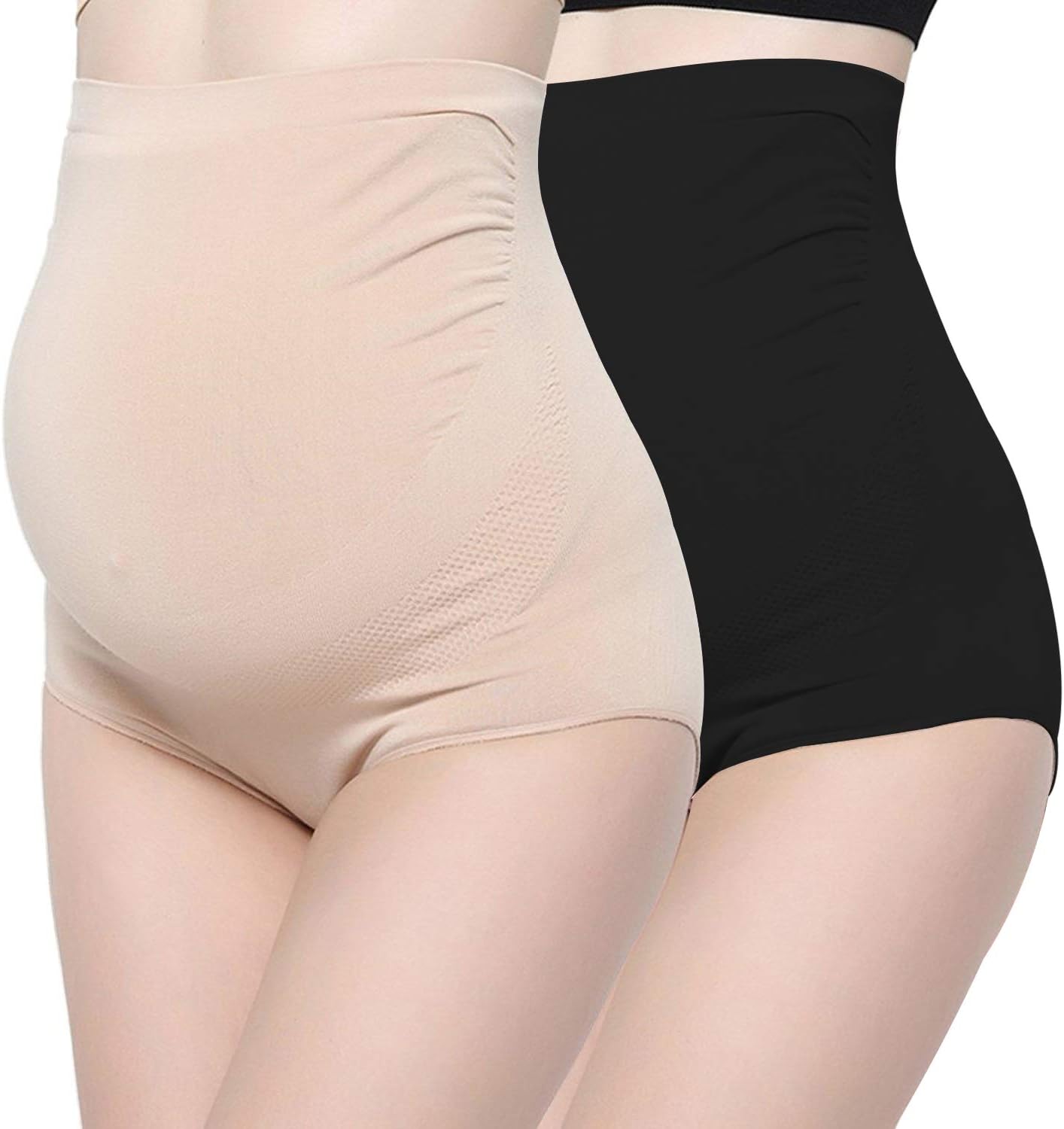 Surewin Women's Seamless Over Bump Maternity Underwear High Waist Pregnancy Panties S/M Black Beige 2 Pack