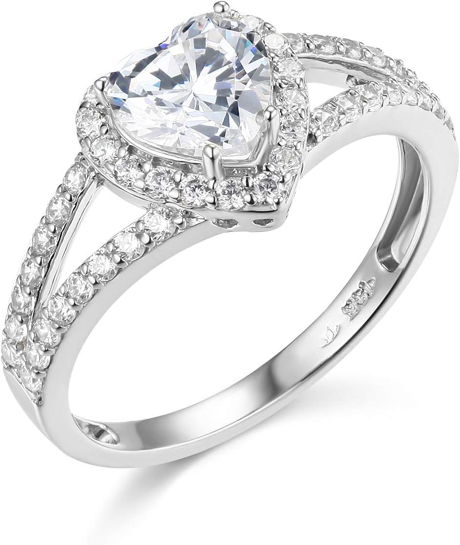 Wellingsale Ladies Solid 14k Yellow -OR- White Gold Polished CZ Cubic Zirconia Heart Cut Halo Engagement Ring with Side Stones