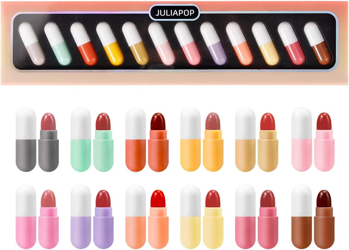Mini Lipstick Set, 12 Colors Capsules Matte Pill Shaped Lipstick, Waterproof Long Lasting Mini Capsules Velvet Lipstick Set for Women (12 PCS)
