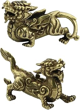 EXCEART Feng Shui Brass Qilin Kylin Statue Sculpture Copper Chi Lin Figurines Pixiu Lucky Statue Cake Toppers Feng Shui Home Decoration Table Ornament for Good Luck Wealth 1 Pair