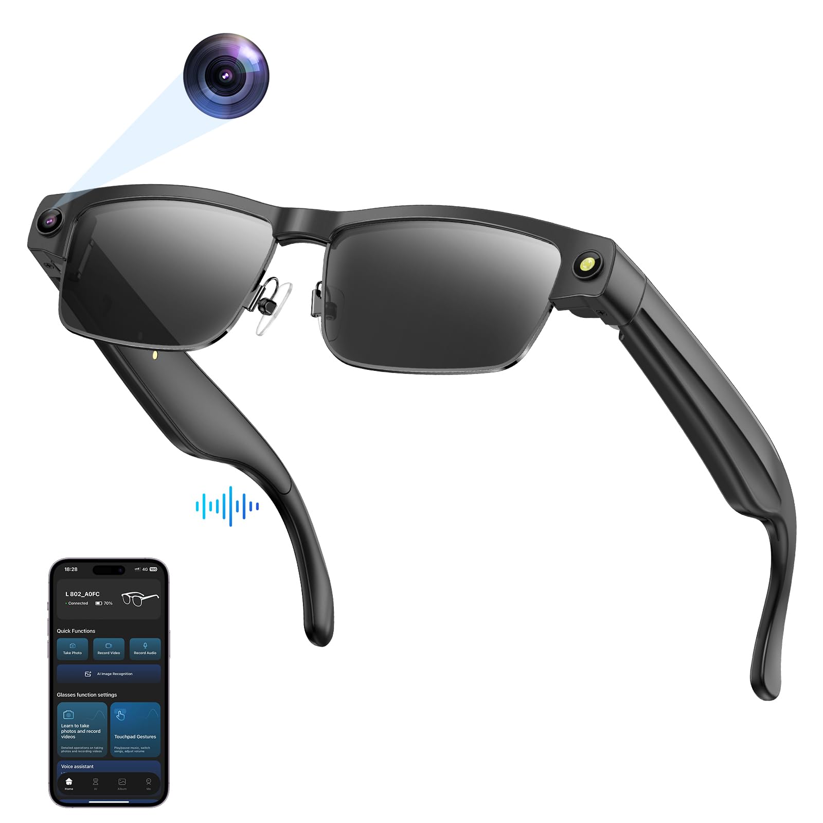 Gafas inteligentes Bluetooth con cámara HD, grabación 1080P, audio de oído abierto, micrófono ANC, música, llamadas y asistencia de voz con traducción, gafas de sol con protección UV para hombre mujer