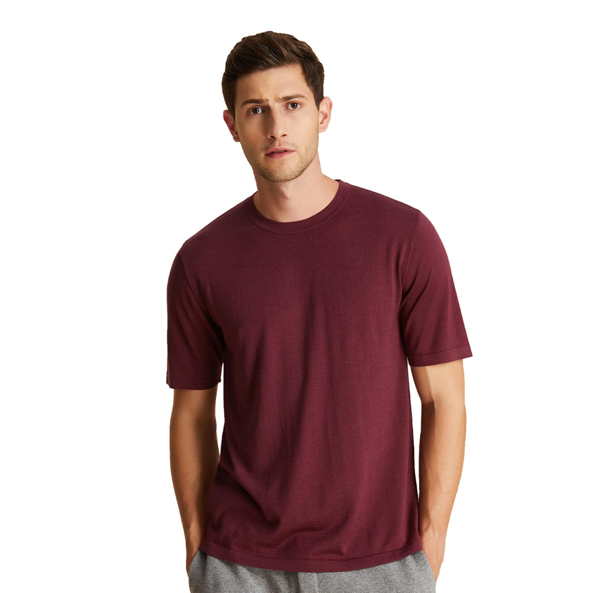 GreenMount Summer Silk Cashmere Essential Round Neck T-Shirt Light Weight Short Sleeve for Men