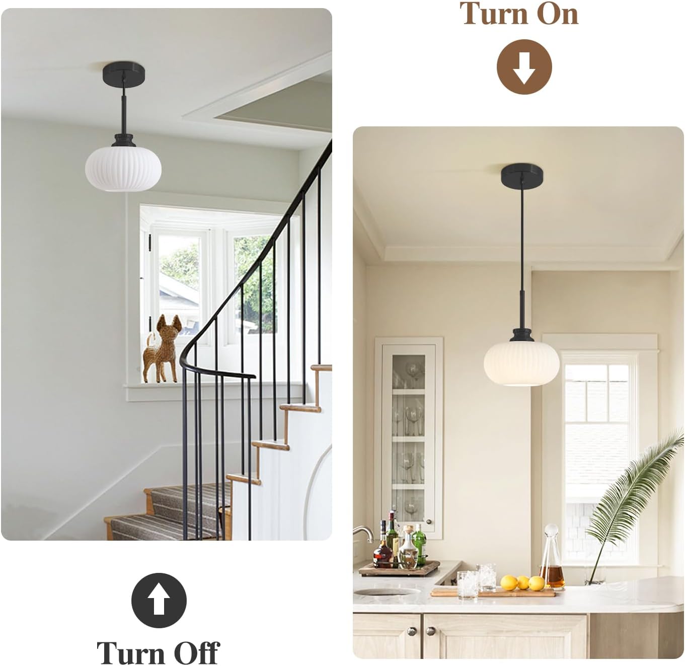 KCO Lighting Black Pendant Lights White Dome Pendant Light 7” White Milk Glass Pendant Lights Kitchen Island Mid Century Bedroom Hanging Light Fixture