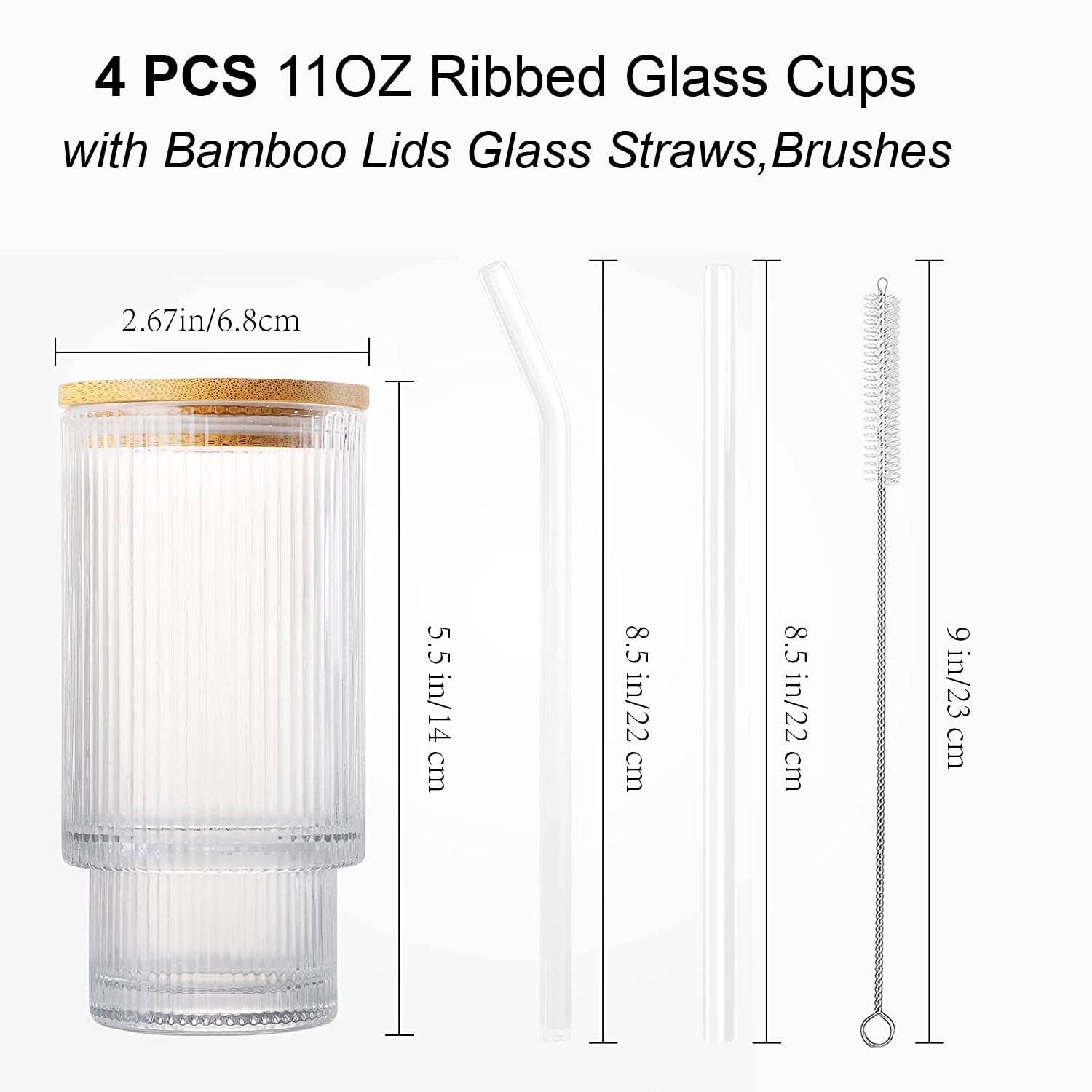 ALINK Set Bicchieri A Coste Con Cannucce In Vetro - 2 Pezzi Da 350 Ml Con Spazzola, Ideali Per Cocktail, Caffè Freddo E Bibite