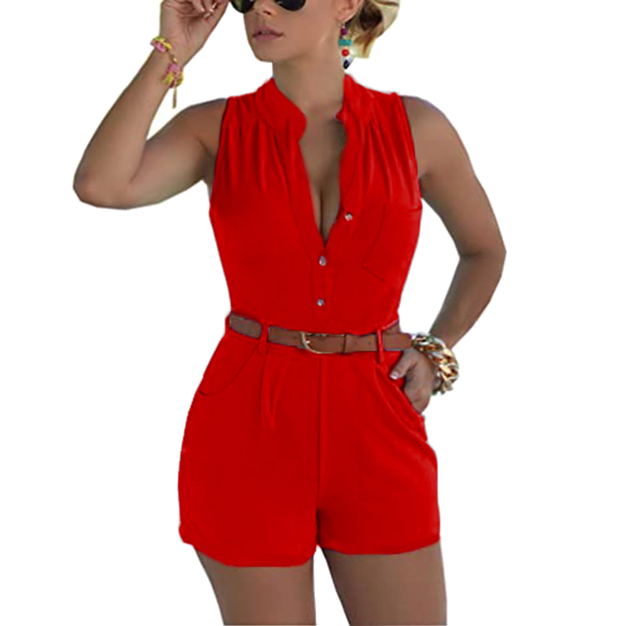 Fudaolee Mujer Monos Mujer Casual Summer Romper V Cuello Manga Corta Playa elástica Pantalones Cortos de Moda Traje Cinturón a Juego S-XXL