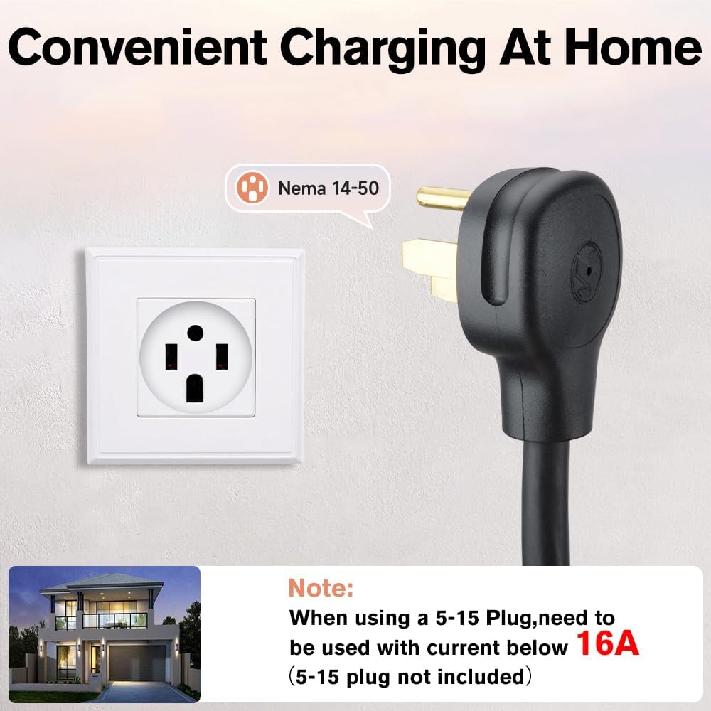 A NEMA 14-50 outlet on a wall next to the charger's NEMA 14-50 plug, illustrating the required power connection for home charging.