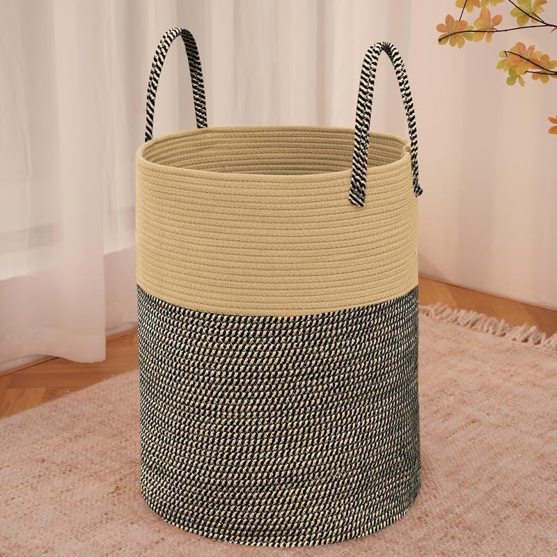 Image of Storage Rope Laundry Hamper Basket for Clothes, Towels and Blankets in Livingroom, Bedroom, Laundry Room and Basket for Nursery Storage (Size - 14 inch x 14 inch x 18 inch) (Black Beige Mix)