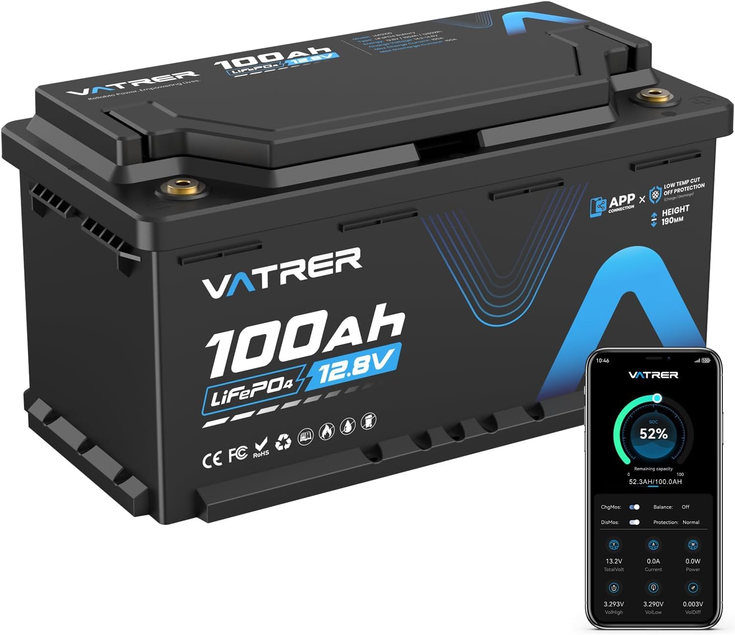 VATRER POWER 12V 100Ah DIN H8 LiFePO4 Untersitz-Batterie mit Bluetooth | 100A Smart BMS · 188mm kompakte Bauhöhe · Niedrigtemperaturschutz · Für Wohnmobil, Caravan & Off-Grid-Solaranlagen