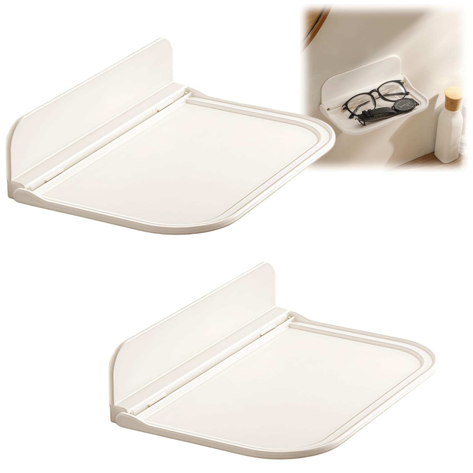 2PCS Foldable Bathroom Shelf,No Drill,Self Adhesive Floating Shelves White,Small Wall Shelves for Bedroom,Plastic Stick on Shelves for Storage,No Drilling