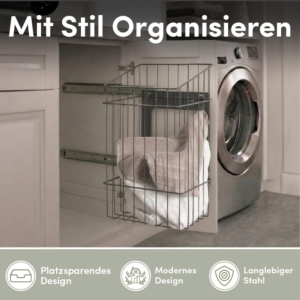 LM 683 Wäschekorb für Schrank, schmal und hoch ausziehbar mit Schienen, Wäsche Organizer zum Einbau in ein Schrank Ordnungssystem, Wäschesammler Schrankeinsatz Kleiderschrank, grau anthrazitfarben