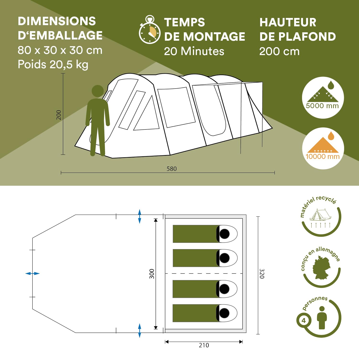Skandika Tente Tunnel Nordland pour 4 Personnes | Tente avec Sol Cousu, étanche, Colonne d'eau 5000 mm, Hauteur 2 m, moustiquaires, avec/sans Sleeper Technology | Tente de Camping familiale