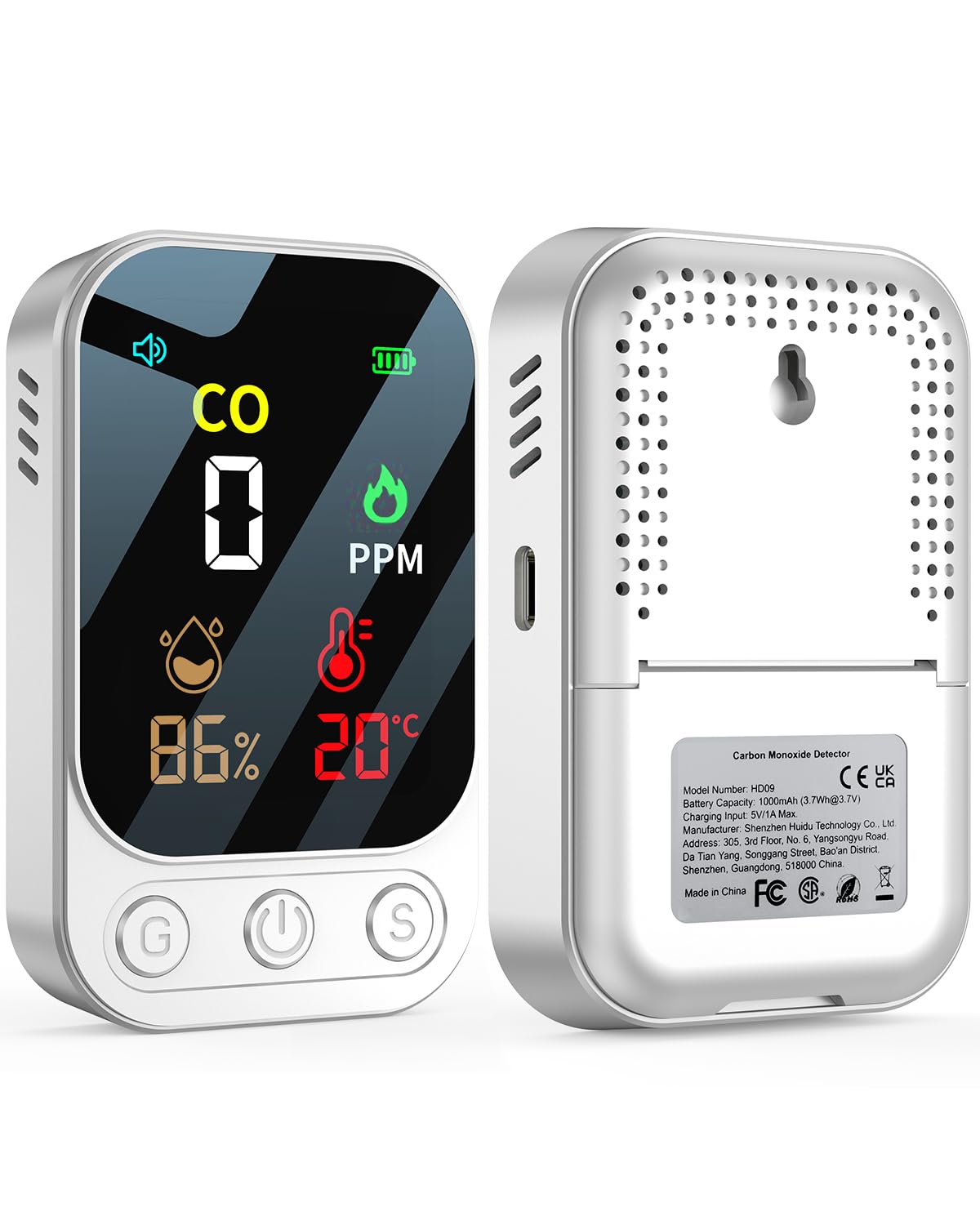 YEREADW 3-in-1 Portable Carbon Monoxide Detector, Rechargeable Carbon Monoxide Detector with Temperature Humidity Display, Portable for Home, Caravan, Camping (White)