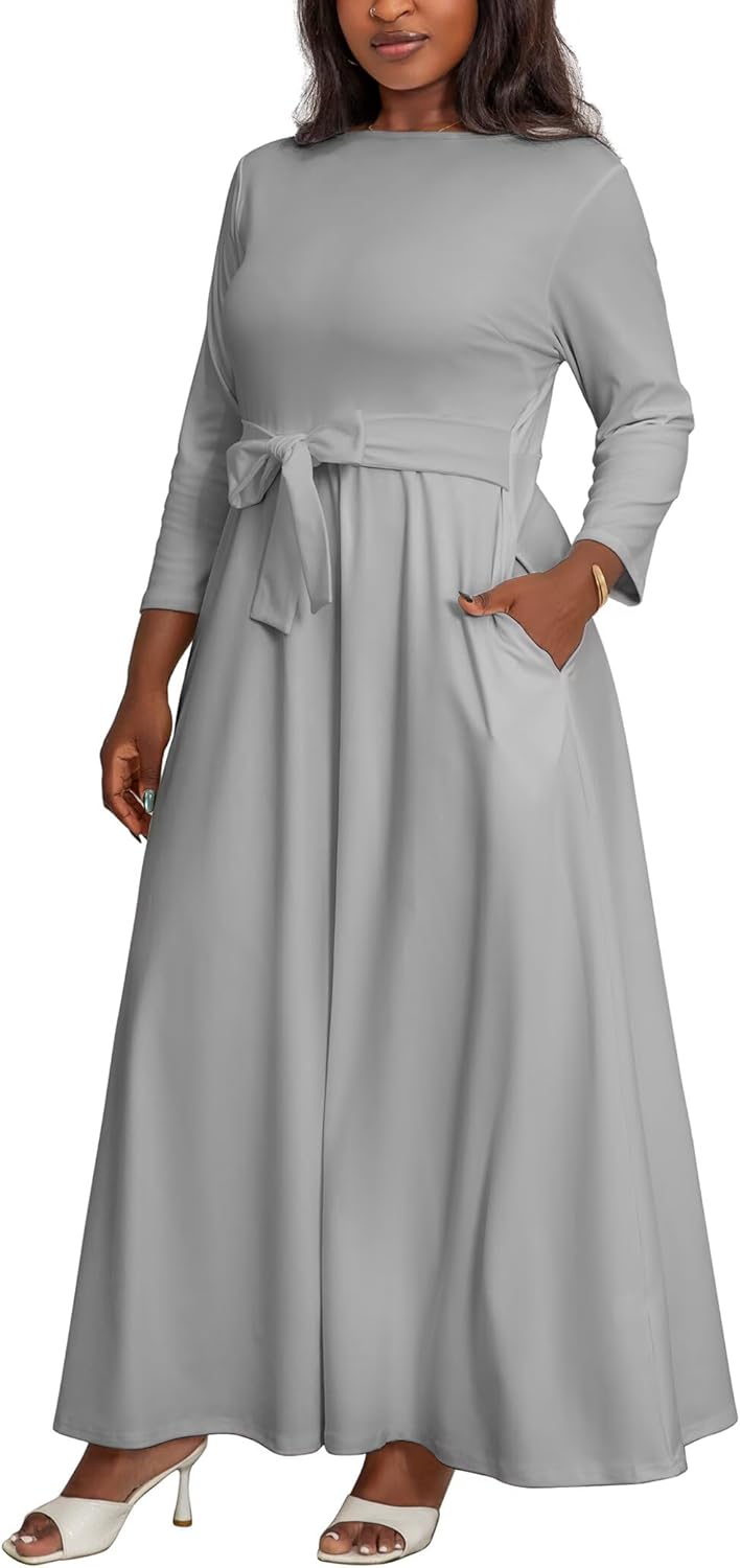 Plus Size Maxi Dress for Curvy Women with Belt Crew Neck 3/4 Sleeve Flowy Long Outfits Sizes L to 5XL