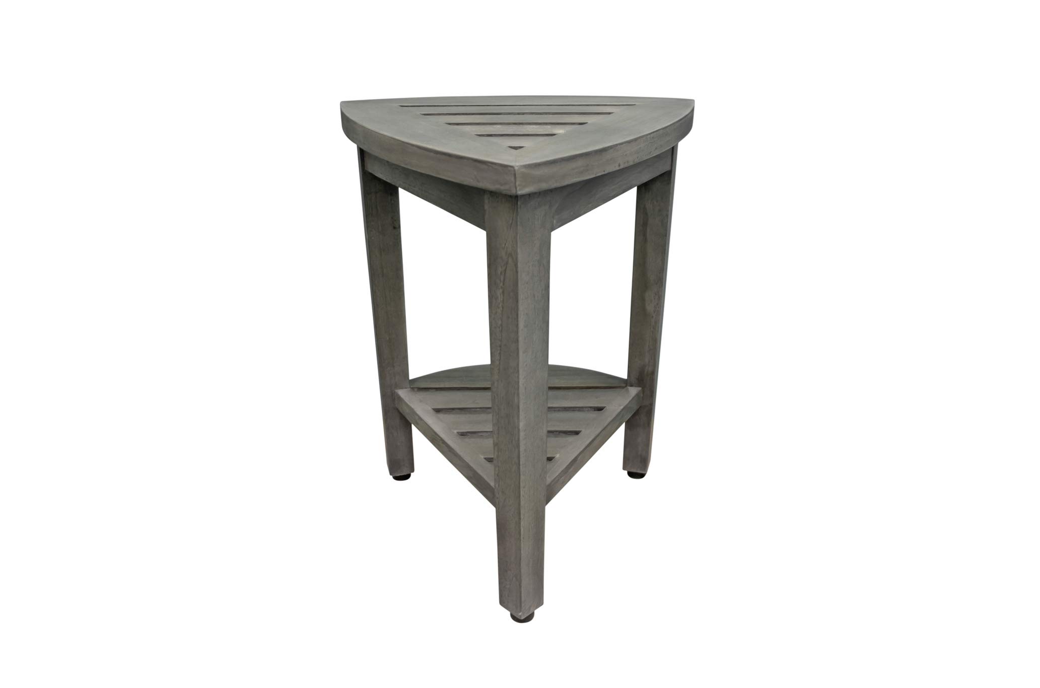 CoastalVogue Flexi Corner - Taburete de esquina de teca para ducha de madera, asiento de ducha de esquina con estante, taburete de esquina de 15 pulgadas en acabado gris antiguo