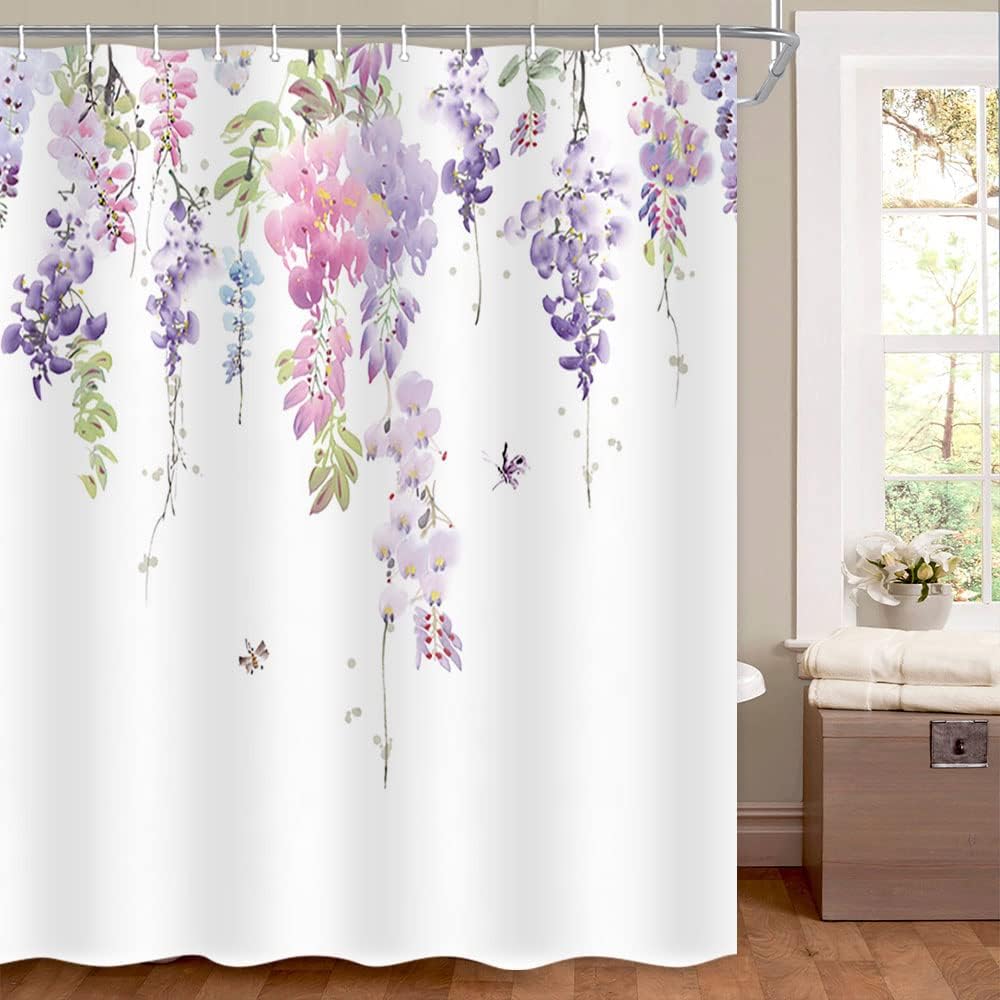 JAWO Purple Shower Curtain, Floral Shower Curtains for Bathroom, Watercolor Flower Shower Curtain Set with Hooks, 69 x 70 Inches
