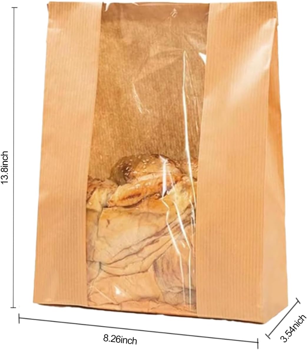 Kraft Paper Bakery Bags for Homemade Bread, 50 Pack, 13.7x8.2x3.5 inches, Large Loaf Bag with Window Baked Food Packaging Storage,Bread Bags with Sealing Stickers (Brown) image 2