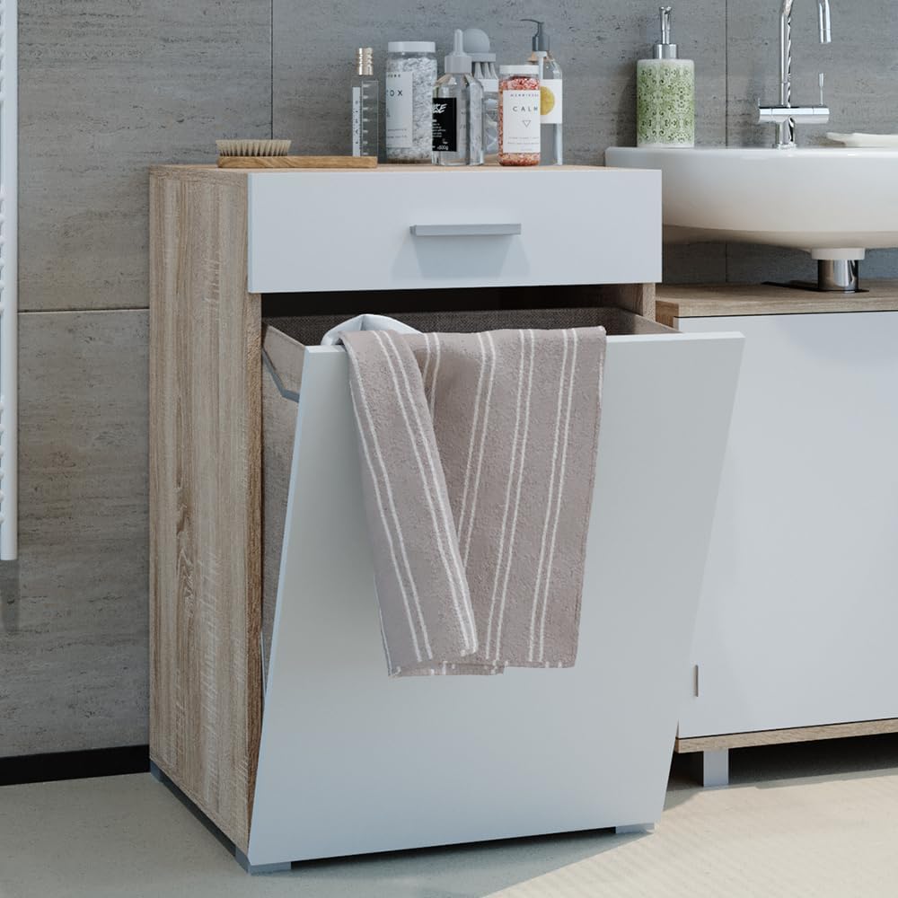 Vicco Matteo Bathroom Cabinet with a towel placed inside the open laundry basket