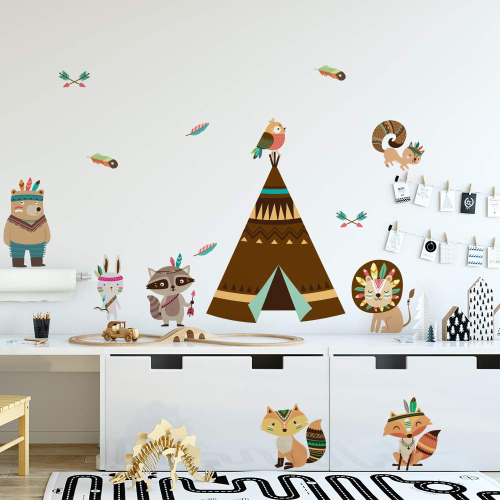 Alwayspon Kids/Girls Room Cute Indian Tent Animals Wall Sticker, Removable Watercolor Wall Decals, Peel and Stick Wall Art Murals for Home Nursery Decoration Living Room Decor