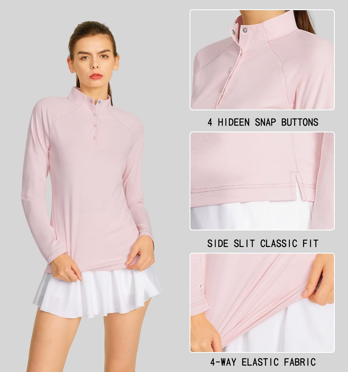 CQC Women's Long Sleeve Golf Polo Shirts Moisture Wicking Quick Dry Athletic Shirts with Buttons UPF 50+ Tennis Sports Tops Blush Pink L