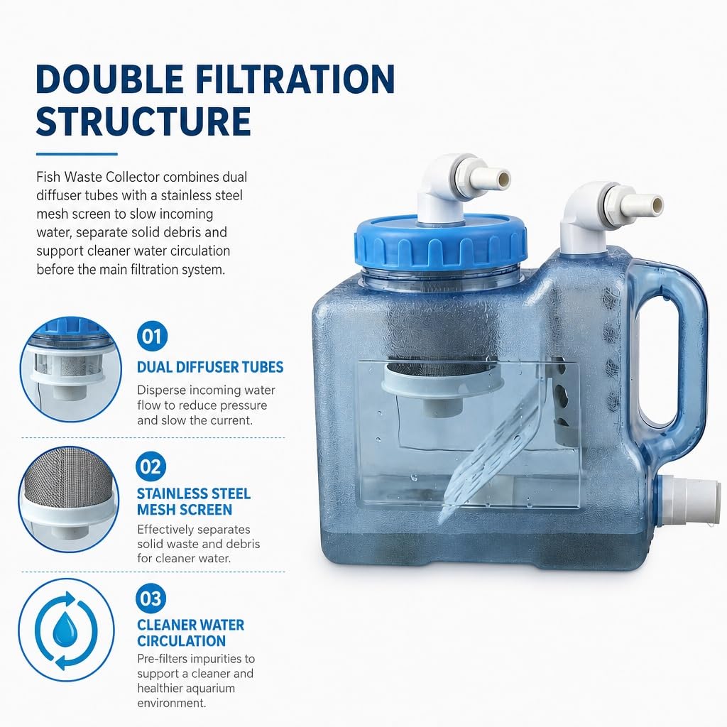 Collecteur Déchets Poissons 3L, Chambre Séparation | Réservoir Sédiments 3L, Maille Filtre Inox, Installation Externe, Sortie Vidange Basse, Cuve Semi-transparente(16mm)
